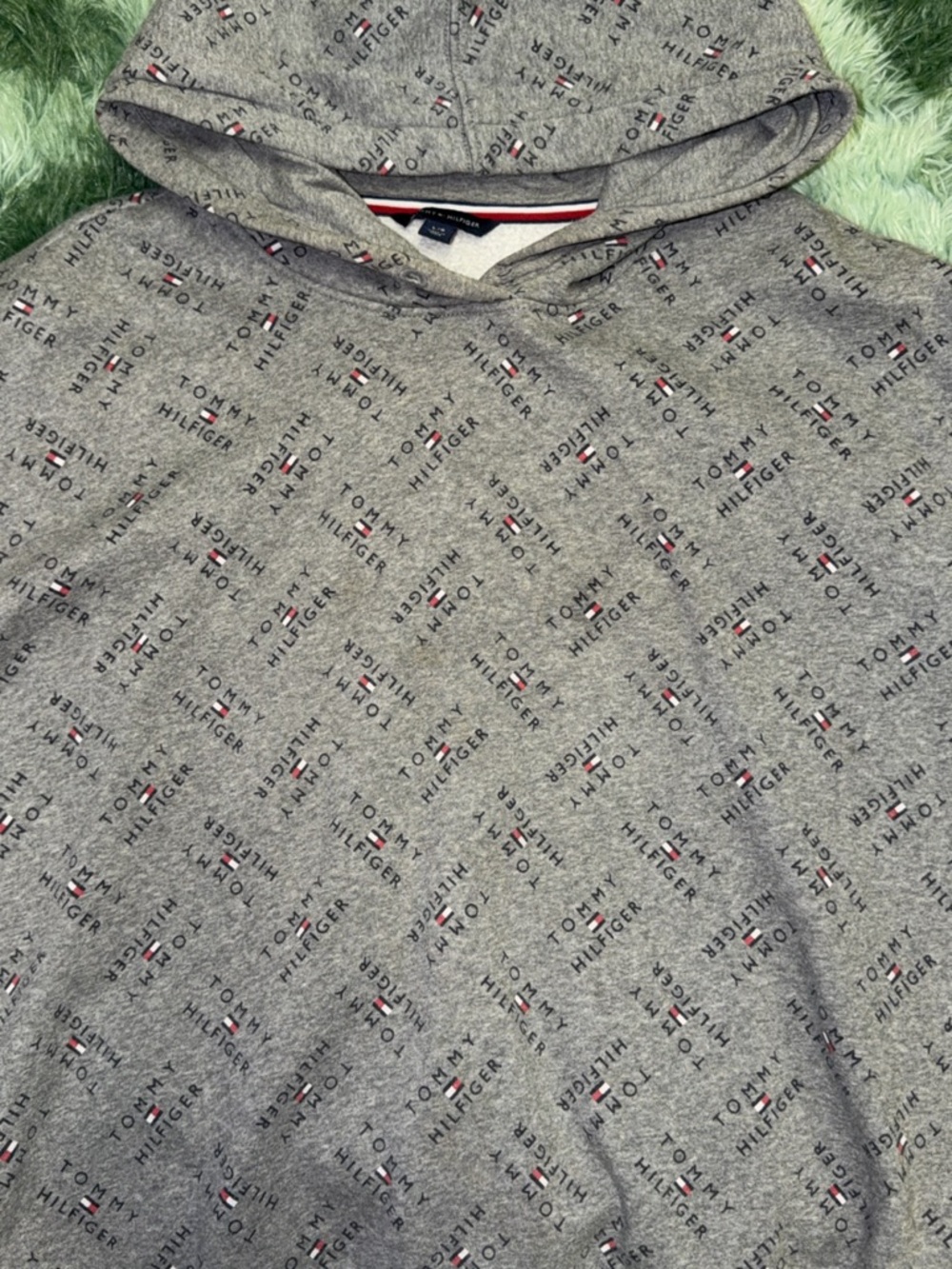 Tommy Hilfiger Gray All-Over Logo Hoodie with Red & Navy Accents